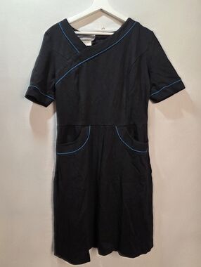 Flattering Fitted Black Dress Blue Piping Asymmetrical Neckline Pockets Sz 10